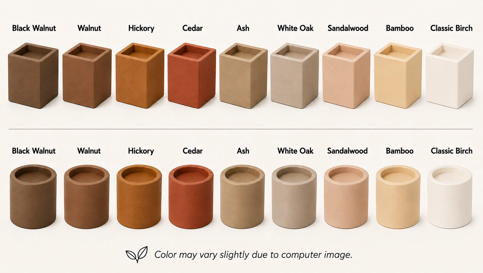 Square and round PLA furniture risers in nine wood-tone finishes, from Black Walnut to Classic Birch