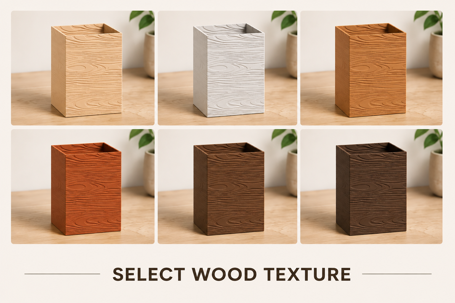 Furniture risers shown with the carved wood grain texture add-on in several colors