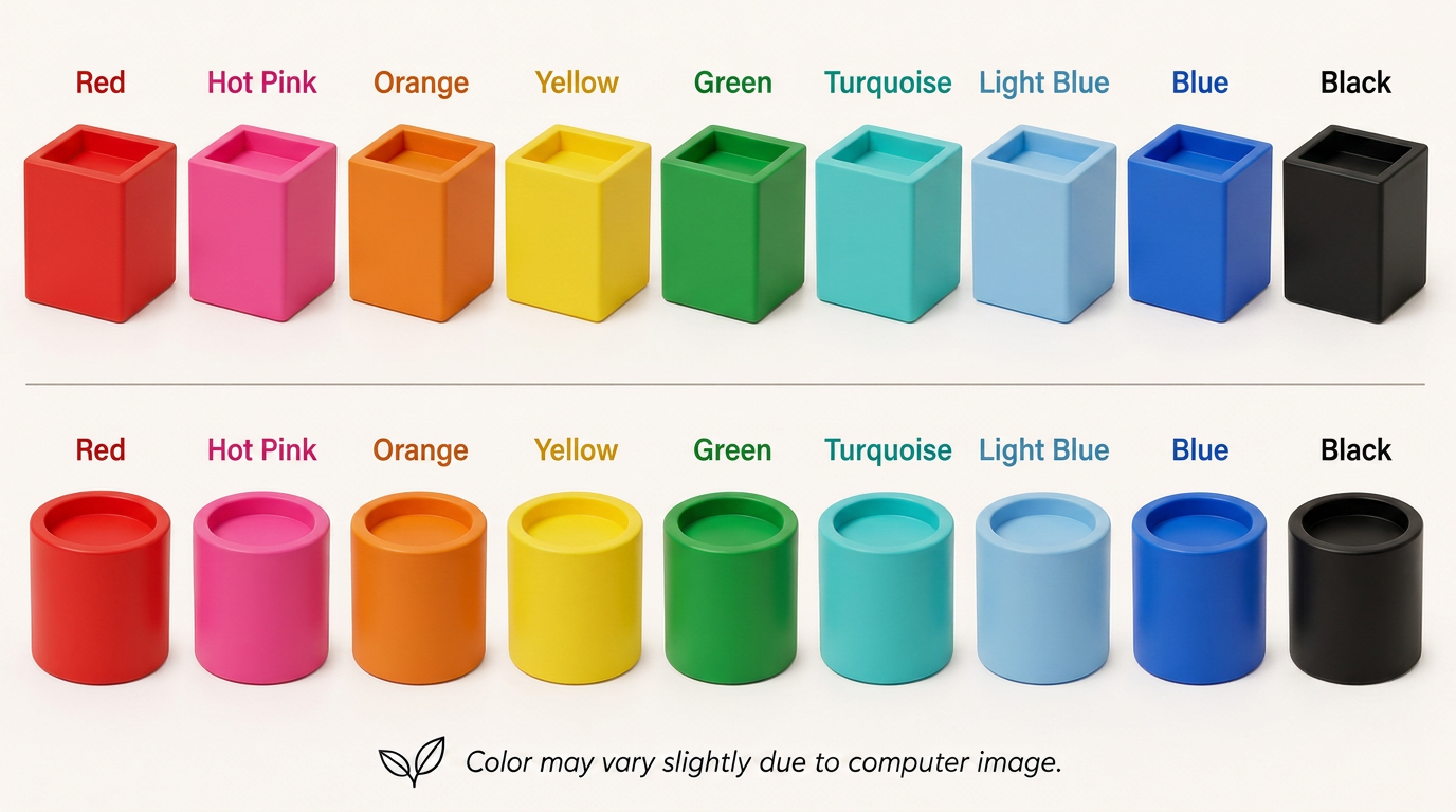 Custom-made furniture risers shown in solid colors: red, hot pink, orange, yellow, green, turquoise, light blue, blue and black